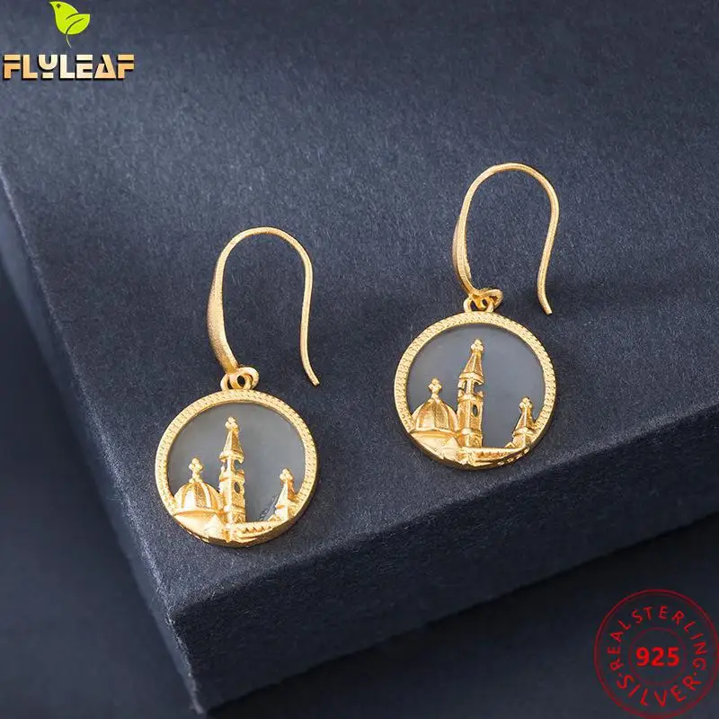 

925 Sterling Silver Jade Magic Castle Earrings For Women 18k Gold Plating Fairy Tale Fortress Charm Earrings Fine Jewelry