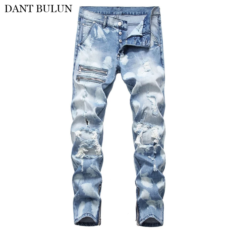 

Plus Size Men Distressed Jeans Men Casual Cotton Slim Fit Blue Long Pants Button Fly Ripped Jeans Zipper Ankle Men Denim Jeans