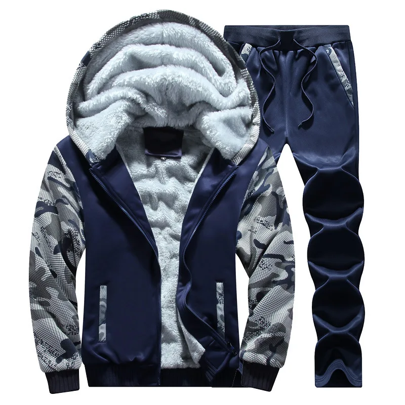 Осенне-зимний бархатный мужской спортивный Камуфляжный комплект из двух предметов, мужское повседневное толстое теплое пальто, мужская одежда - Color: Dark Blue