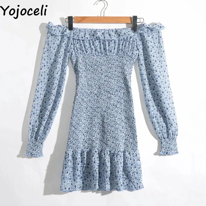 Yojoceli сексуальное платье с открытыми плечами и рюшами, Осеннее облегающее короткое пляжное платье, зимнее Повседневное платье в цветочек для женщин - Цвет: Синий