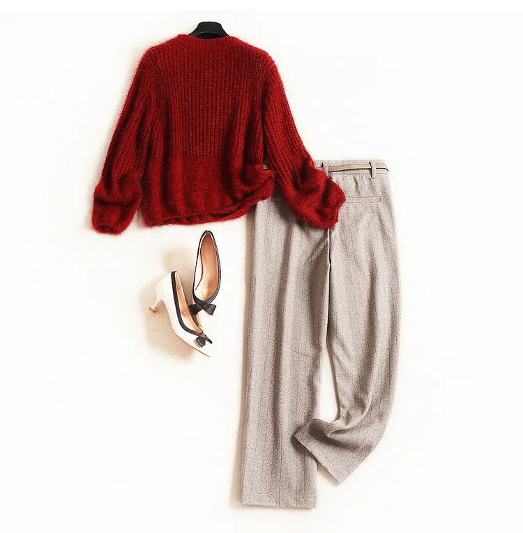 Women winter plus size two piece set red loose style knitted sweater top+ woolen pant suit casual 2 pcs outfit