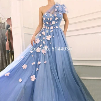 

Turkish Blue One Shoulder Sexy Beach Evening Dresses Handmade Flowers Pearls Sleeveless Evening Gowns 2019 Vestido Longo Festa