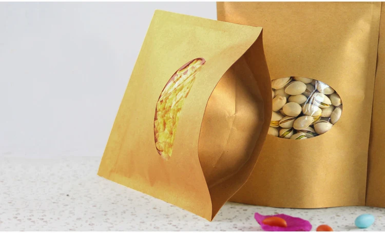 

13*18+4cm 300pcs Stand Up Clear Window Brown kraft paper bags with Zipper lock for Food/Tea/Nut/Coffee Resealable Packaging Bag