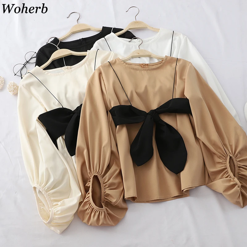 

Woherb Korean Fashion Blouse Solid Long Lantern Sleeve Shirts Short Sling Two Pieces for Women Elegant Loose Tops New 91161
