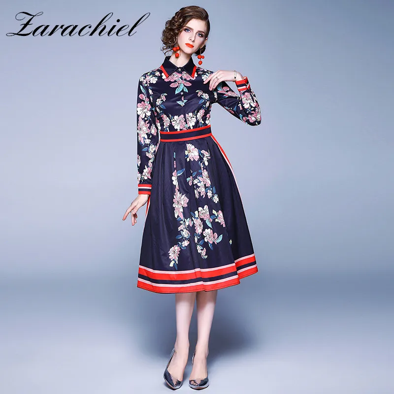 picture color Женское весеннее винтажное платье с цветочным принтом, с длинным рукавом, с отложным воротником, Повседневное платье миди, Европейский стиль, в полоску, ТРАПЕЦИЕВИДНОЕ ПЛАТЬЕ - Цвет: picture color