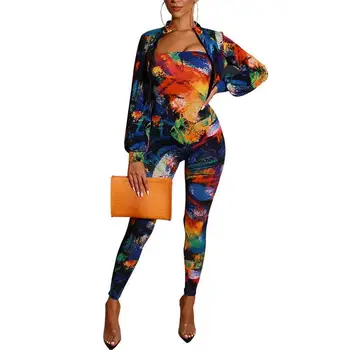 

Sexy Long Sleeve Zip Up Tops And Tube Jumpsuits Set Women Autumn Party Clubwear Skinny Fall Streetwear Two Piece Set