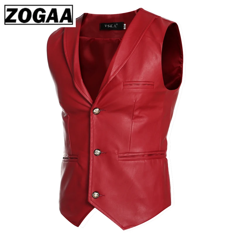 

Tang cool 2019 New Faux Leather Jacket Vests Red White Black Single Breasted V Neck Mens Waistcoat Slim Fit Sleeveless Coat