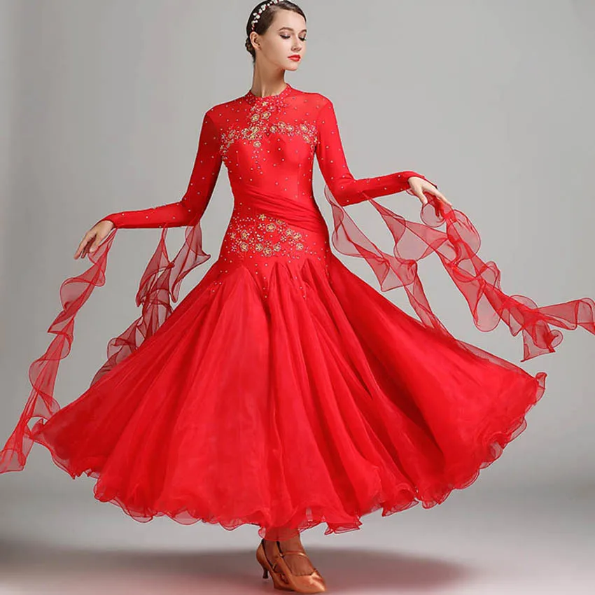 

Red blue ballroom dance competition dresses waltz dance dress fringe luminous costumes standard ballroom dress foxtrot 9 color