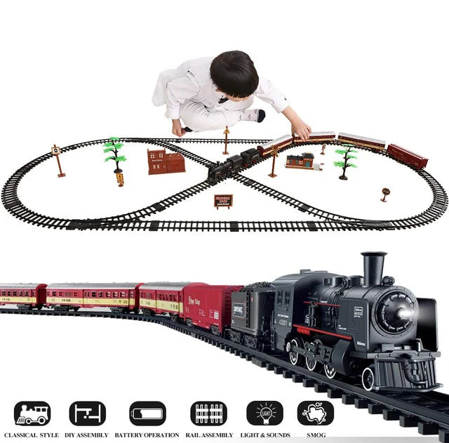 Conjunto de trem para crianças com luzes de fumaça e sons, trem de brinquedo  ferroviário elétrico com locomotiva a vapor En