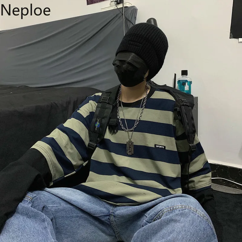 Neploe/Осенняя Винтажная футболка в полоску в стиле Харадзюку женская Свободная Повседневная футболка из двух предметов с круглым вырезом из дикого хлопка 46044