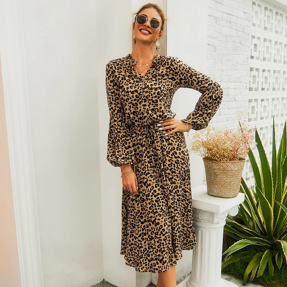 

Spring and Summer Women's 2020 New Leopard Print Long-sleeved Mid-length V-neck Dress Printed A-line Skirt