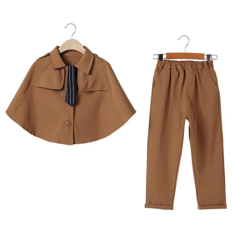 

DFXD New Fashion Teen Girls Two Piece Outfits Korean Autumn Brown Cape Cloak+Pant Girls Clothing Sets For 3-12Yrs Kids Clothes