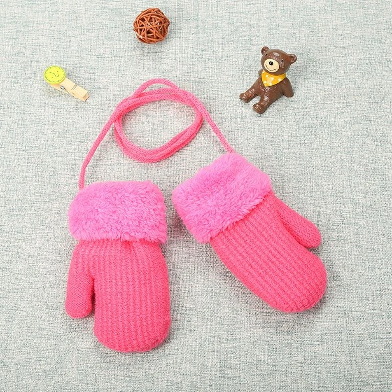 Winter Outdoor Baby Boys Girls Knitted Gloves Warm Rope Full Finger Mittens Gloves for Children Hanging neck Kids