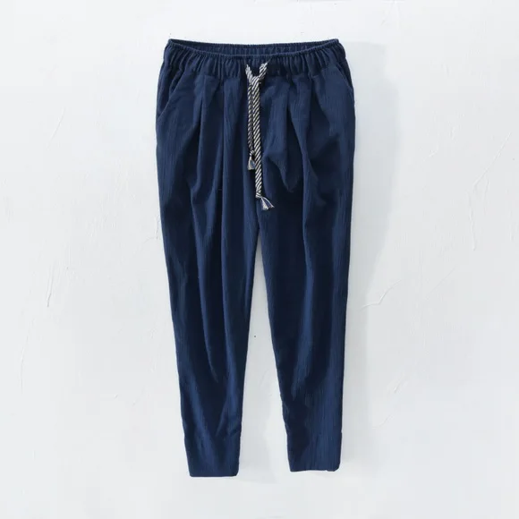 dark blue Csaual хлопковые и льняные белые брюки мужские осенние и летние брюки мужские модные укороченные брюки для мужчин pantalones broek - Цвет: dark blue