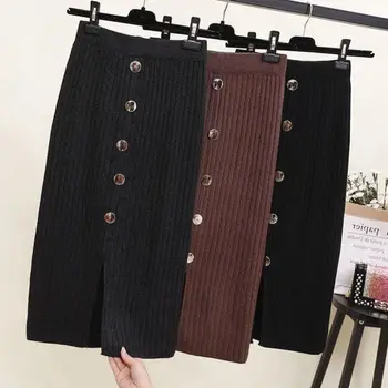 

Women High Waist Autumn Winter Knitted Women Skirts Warm Skirt Long Female Rib Button Skirts