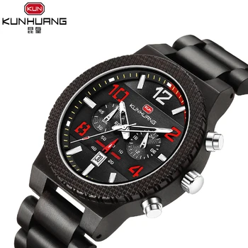 

Relogio Masculino Kunhuang Brand Luxury Sport Quartz Wrist Watch Men Fashion Luminous Wooden Chronograph Clock Reloj Hombre 2020