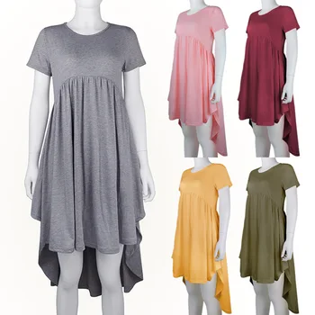 

Women's Round Neck Solid Color Pregnant Dress Length Of Front And Rear Shrivel Up Maternity Clothes Casual Sexy Dresses