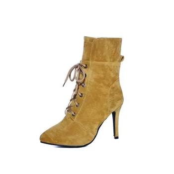 

Fashion Winter Pointed Toe Super High Thin Heels Ankle Boots Womens Autumn Faux Suede Lace Up Chaussures Femme Dress Shoes Red