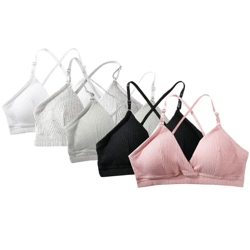 

EDCRFV Women Girls Thread Ribbed Cotton Bra Thin Seamless Wire Free Bralette Cross Strappy Backless Sexy Underwear Top Clothes