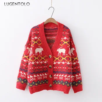 

Lugentolo Sweater Women Christmas Deer Cardigan Autumn Winter Single-breasted V-neck Loose Casual Knitting Cozy Sweaters
