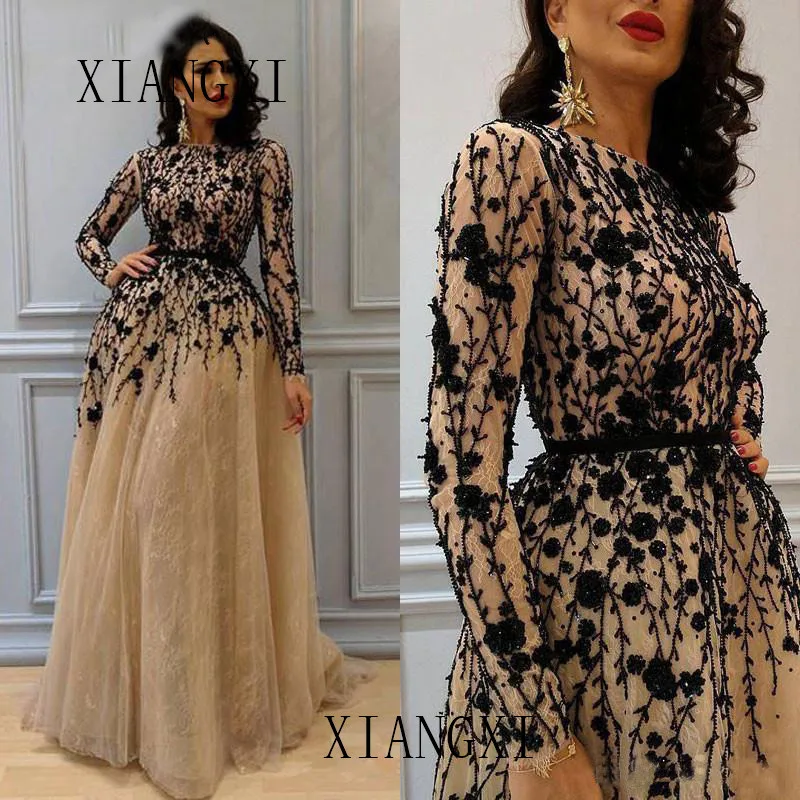 Стиль, длинные халаты,, цвет шампанского, dentelle robes de soireue cristaux noirs perles robe formelle fête abe