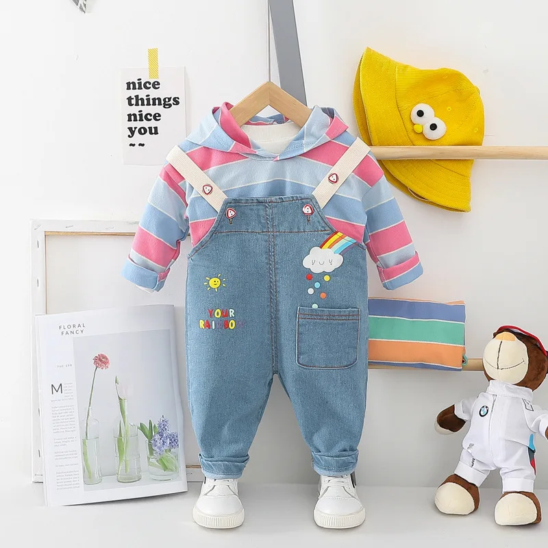 Sky Blue Весенние комплекты одежды для маленьких девочек и мальчиков, топы с капюшоном, джинсовый комбинезон, одежда с рисунком для малышей, Детский костюм - Цвет: Sky Blue