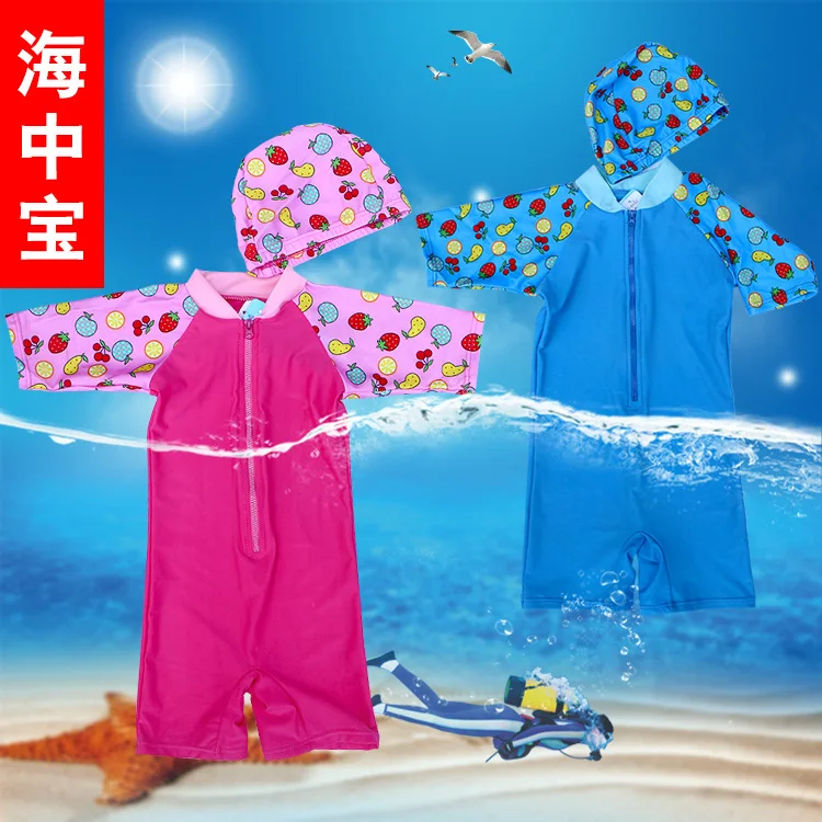 

2019 New Style KID'S Swimwear One-piece Hooded Short Sleeve Tour Bathing Suit GIRL'S And BOY'S Swimwear Diving Suit Coat