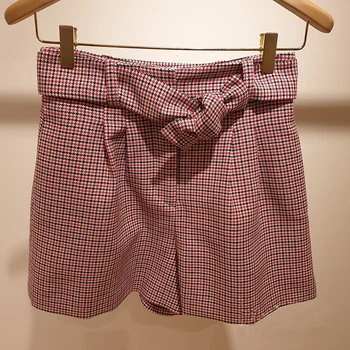 

Women OL Pink Houndstooth Shorts 2020 New Summer Waist Bow Tie Female Short Pants Wild Stylish