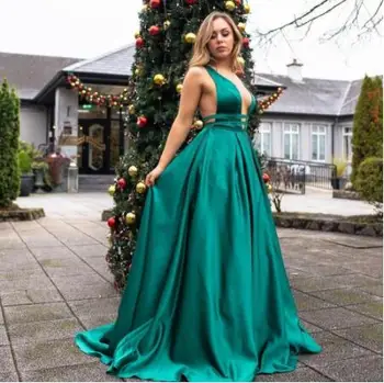 

Sparkle Green A-line Prom Dresses With Deep V-Neck Cheap Evening Gowns Custom Made Stain vestidos de fiesta de noche