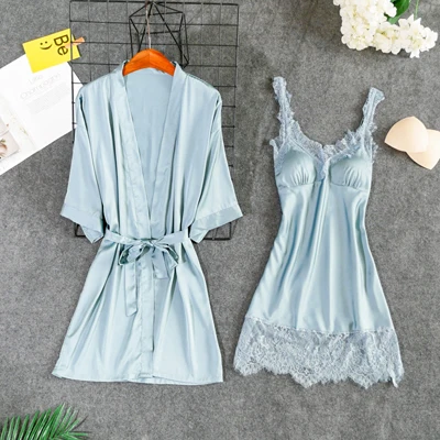 water blue set Fiklyc underwear women's sexy padded chest robe& gown sets lace& satin patchwork V-neck mini nightdress+ robes pijamas NEW - Цвет: water blue set