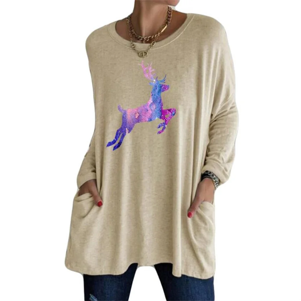 Autumn New Women Elk Print Pocket Long Sleeve Loose Casual Splice Pullovers Ladies Fashion Blended O-Neck Hoodies Sweatshirt