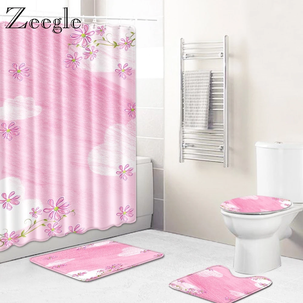 Zeegle Washable Bath Mat Set Non-slip Bathroom Shower Curtain Toilet Pedestal Rug Soft Floor Rug Waterproof Bathroom Curtain Set