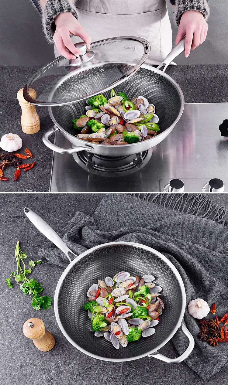 Инструменты для китайского приготовления пищи Pots304 ВОК из нержавеющей стали без покрытия, двусторонняя пятислойная стальная сковорода, сковорода, чугунная сковорода, ВОК