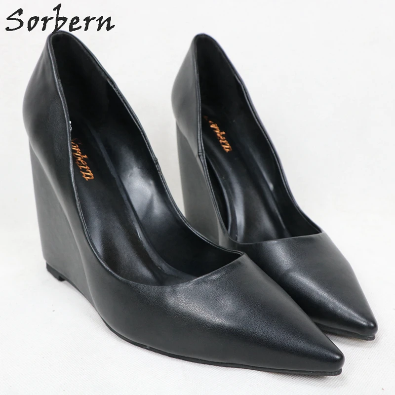 Sorbern/черные женские туфли-лодочки с острым носком; слипоны на танкетке; Высокий каблук; Размер 14; женская обувь на каблуке; модная женская обувь; слипоны на заказ