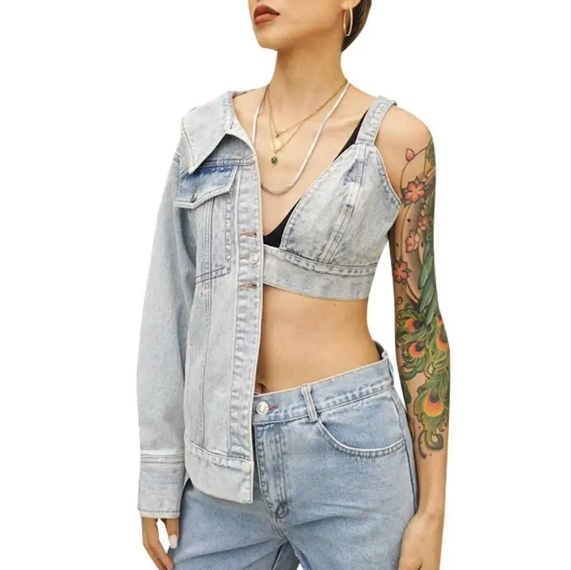 

Женская джинсовая куртка, Модная Джинсовая куртка с полуоборками на груди, модель r637 на весну, 2020