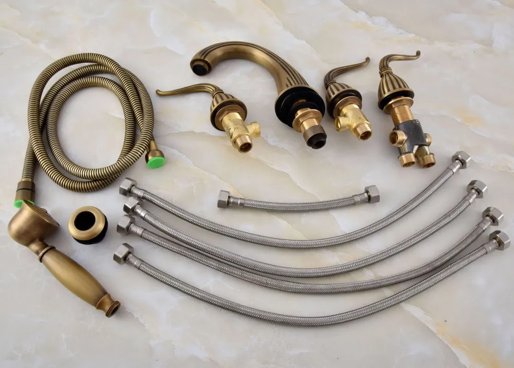 Vintage Retro Antique Brass Widespread 5 Holes Bathroom Roman Tub Bath Faucet with Telephone Style Hand Held Shower Head atf242