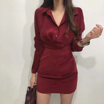 

Casual Women V-neck High Waist Above Knee A-Line Dress Vintage Office Lady Long Sleeve Elegant Ladies Empire Dresses Vestidos
