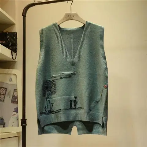 

Spring And Autumn Fashion New V-neck Knitted Vest Women's Casual Loose Sleeveless Wool Waistcoat Bottomed Sweater Top