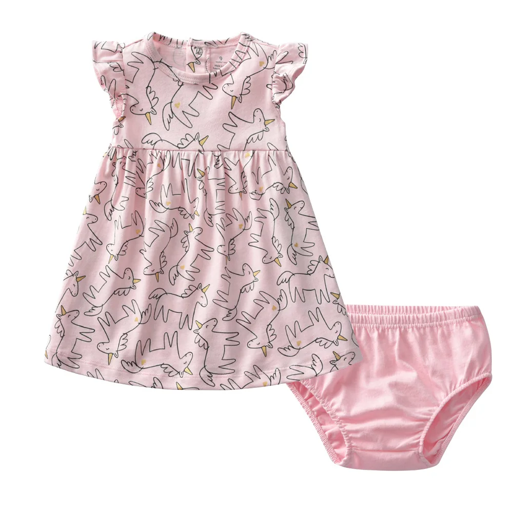 Детское платье и одежда для маленьких девочек милое Мягкое хлопковое платье с короткими рукавами+ трусы, комплект одежды, детская праздничная одежда для дня рождения - Цвет: Розовый