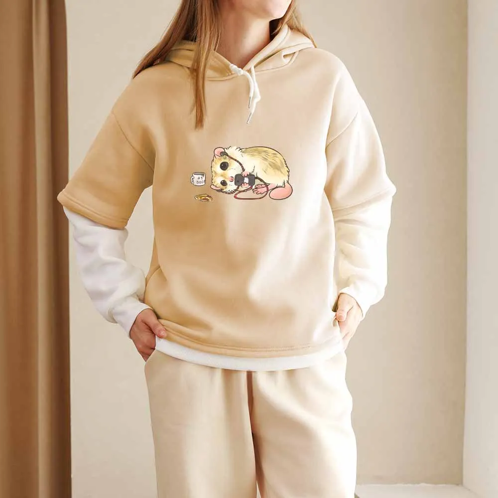 

Color Block Sweatshirt Guinea Pig Women Oversized Harajuku Vintage Graphic Long Sleeve Fake Two Pieces Hoodie Thermal Clothes