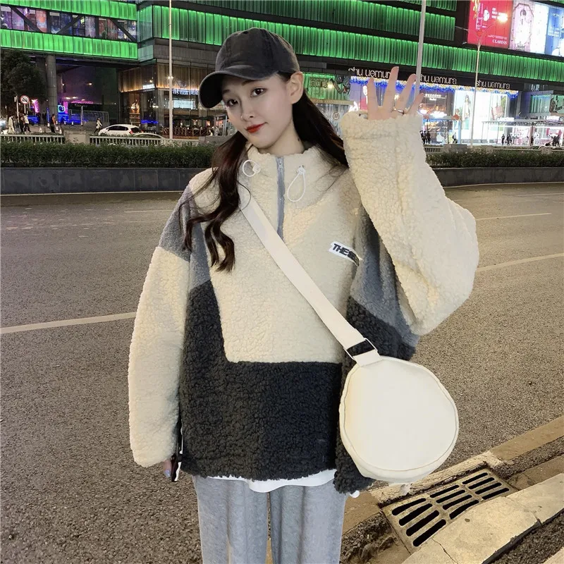 

Autumn Winter New Korean Loose Stand Collar Cover With Cashmere Thickened Lamb Sweatshirt For Women Casual Wm*