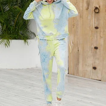 

HOT SALE Tie Dye Print Hooded Fitness Women Pajamas Two Piece Sets Long Sleeve Pants Female Home Clothes Fashion Casual Set 2020