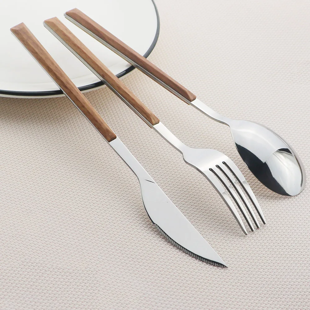 Cutlery Set Imitation Wood Handle Stainless Steel Western Tableware Set 6/12/20/24/30Pcs Kitchen Knife Fork Spoon