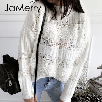 

JaMerry knitted hollow out sweater women Drop-shoulder sleeve pullover Loose high-necked white sweater autumn winter 2020