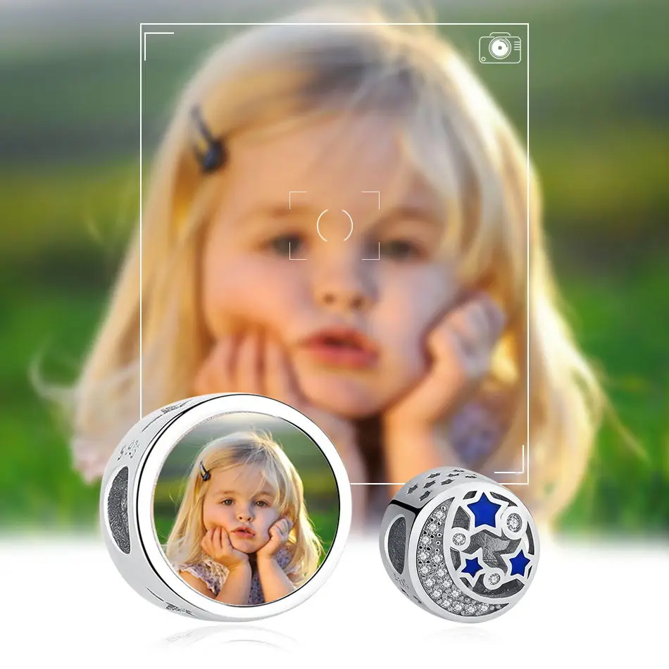 

ELESHE Genuine 925 Sterling Silver Moon & Star With Shinny CZ Charm Custom Photo Bead Fit Trendy Women Bracelet Jewelry Making