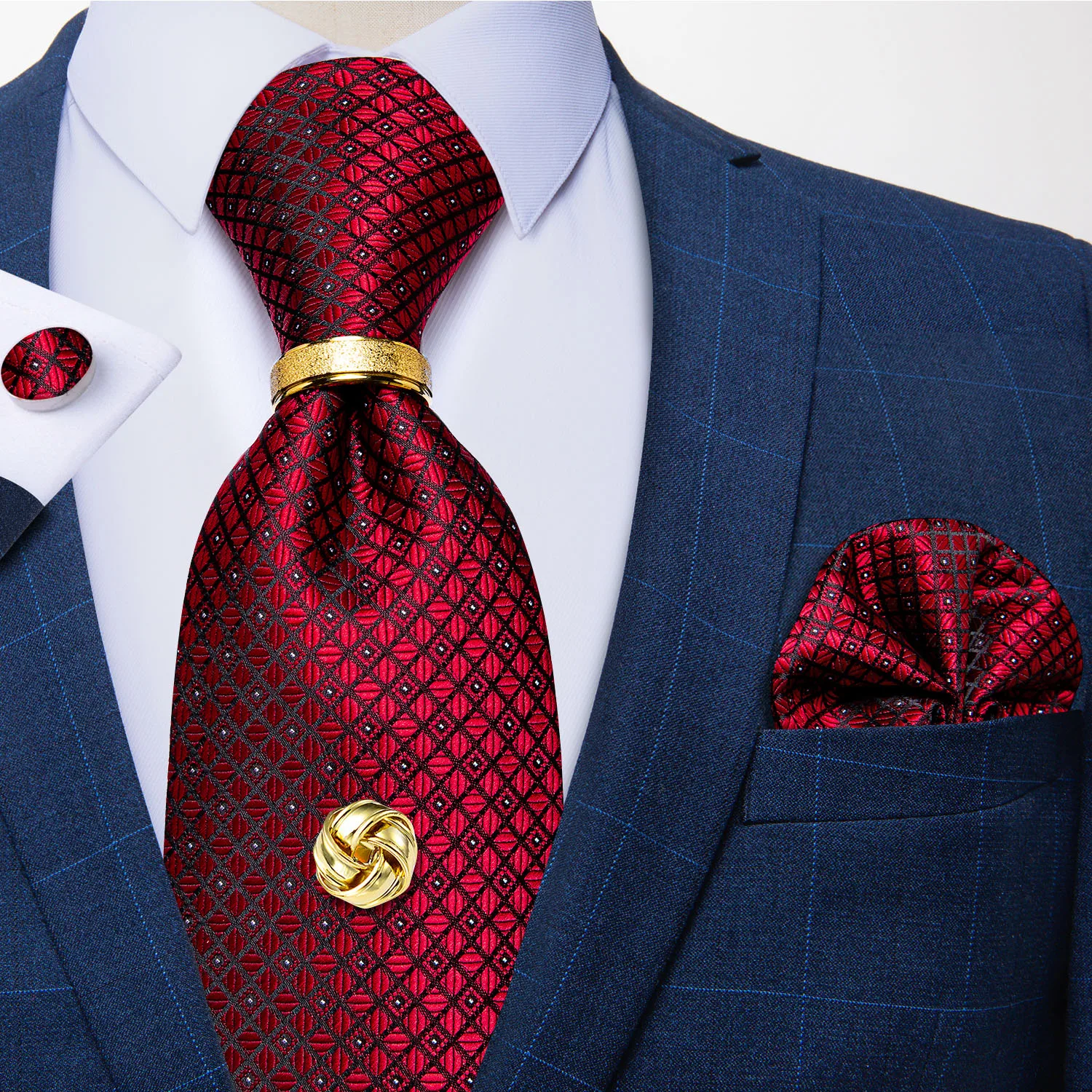 

New Design Mens Tie 8cm Silk Jacquard Red Plaid Dot Necktie Handkerchief Tie Tack Set Business Wedding Tie Gift For Men DiBanGu