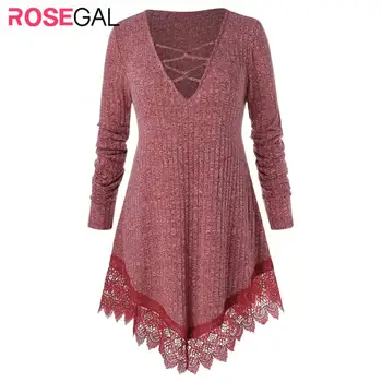 

ROSEGAL Plus Size Criss Cross Lace SweaterCherry Red Full Sleeve Tunic Solid Pullovers 2019 Casual Women Sweater L-5X