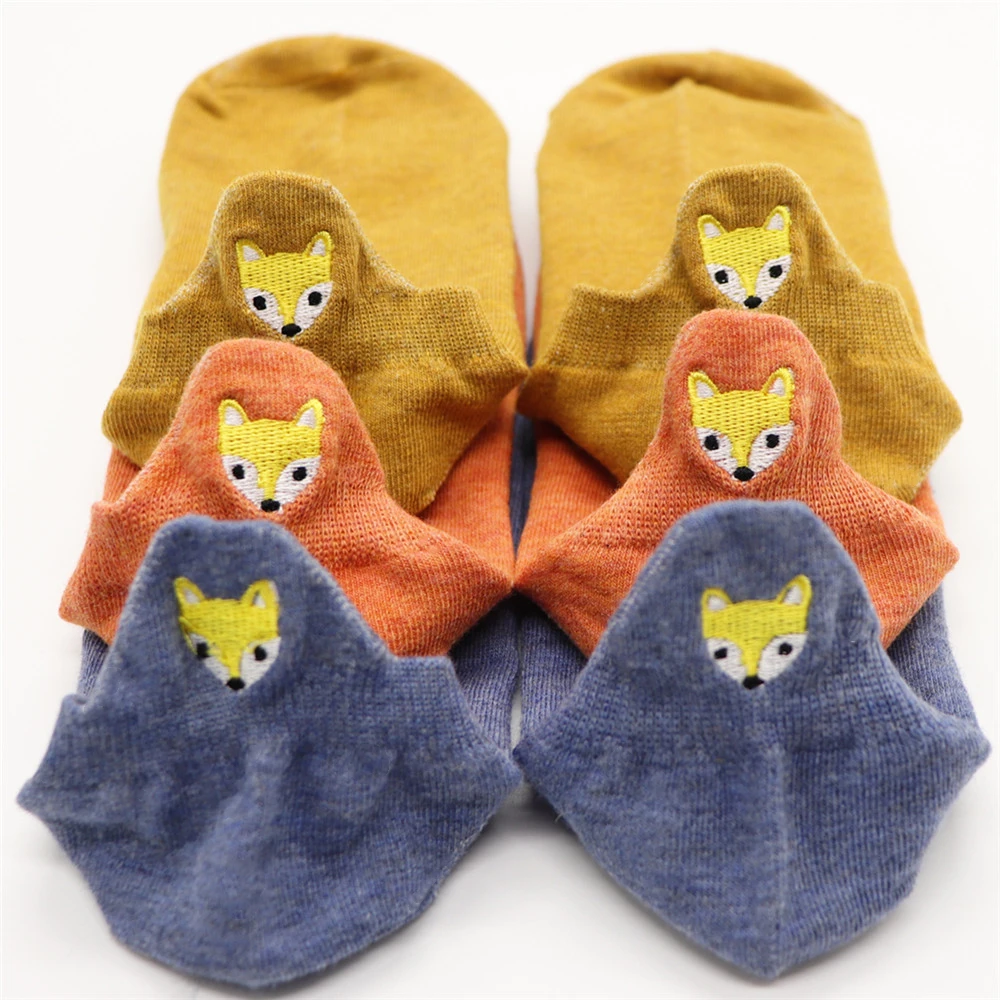 3 пары, мягкие милые хлопковые женские носки с вышитыми лисичками и сердечками, красивые носки-башмачки для лета и осени с милыми животными, кошечкой и медведем - Цвет: FOX 5