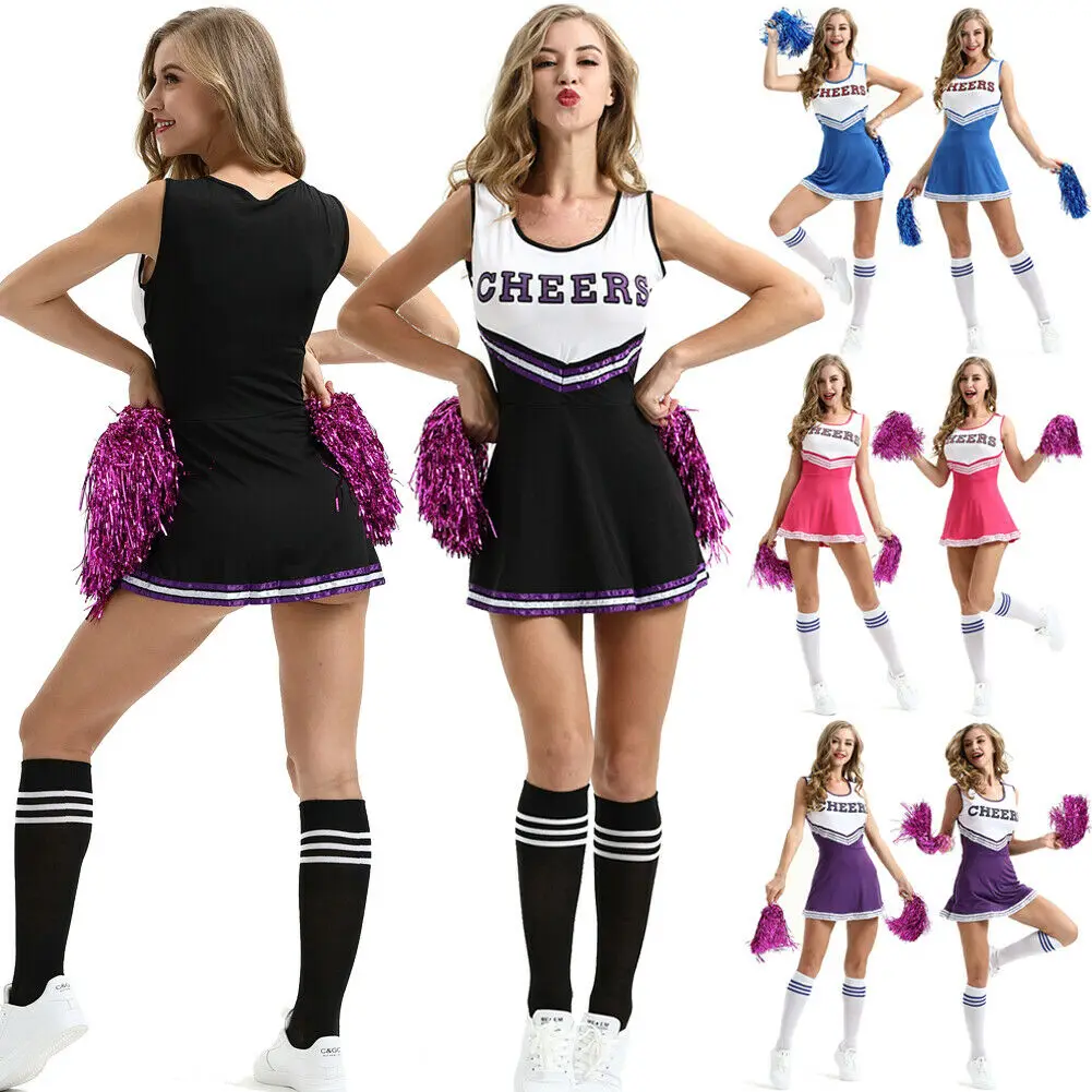 Ladies Cheerleader Costume School Girl Outfits Fancy Dress Cheer Leader Uniform Womens Clothes or Overknee Socks