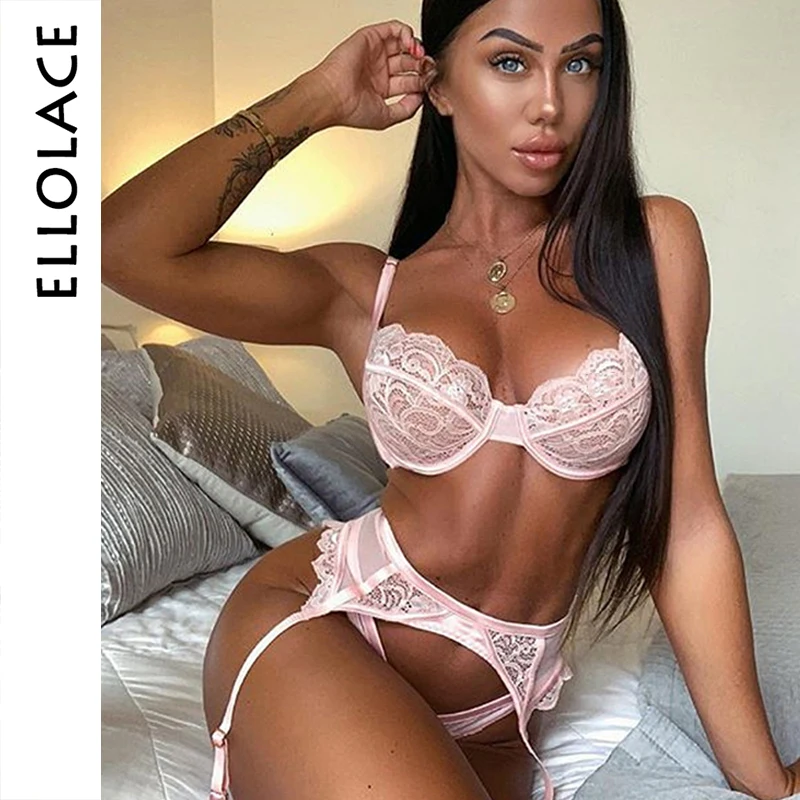 

Ellolace Lace Underwear Set Women Transparent Wireless Lingerie Sets 3 Piece Set Hollow G-String Thong 2019 New Bra & Brief Sets
